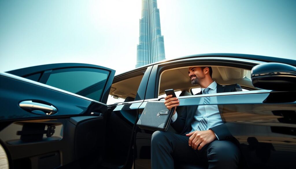A professional scene depicting the benefits of hiring an hourly driver in Dubai, showcasing a well-dressed driver in a luxurious car, such as a black sedan, parked in a prominent Dubai location, like near the Burj Khalifa. In the foreground, the driver is opening the door for a business professional in smart attire, who looks relaxed and ready for their appointment. In the middle, efficient travel gear like a briefcase and a smartphone are visible, hinting at convenience. The background features iconic Dubai architecture under bright, clear sky lighting, enhancing the mood of comfort and professionalism. The image is captured from a low angle to emphasize the grandeur of the setting, creating a positive and inviting atmosphere.