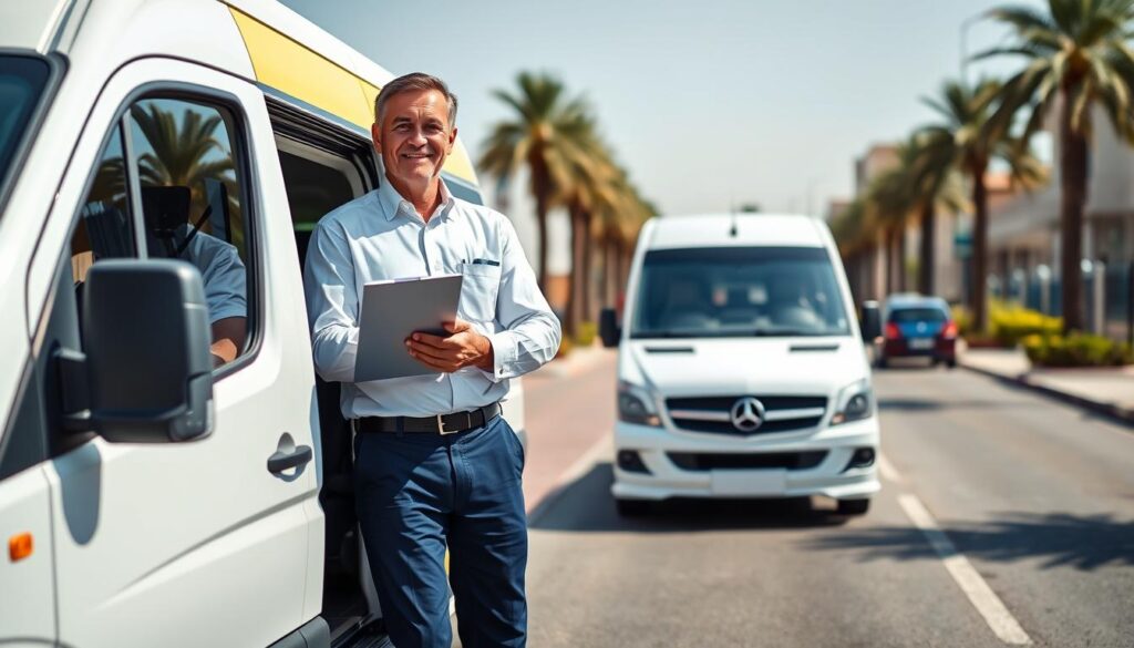 A professional school pickup driver in Dubai, standing next to a modern, well-maintained school van with a bright, welcoming design. The driver, a middle-aged man wearing a crisp white shirt and navy blue trousers, exudes reliability and warmth. He is smiling and holding a clipboard, ready for a day of safe student transport. In the foreground, showcase the driver and the van. In the middle ground, depict a busy Dubai street with palm trees and low-rise buildings, capturing the local atmosphere. Use bright daylight lighting to convey a sense of safety and approachability. The scene should feel inviting and professional, evoking trust and security for parents choosing the right school pickup service.
