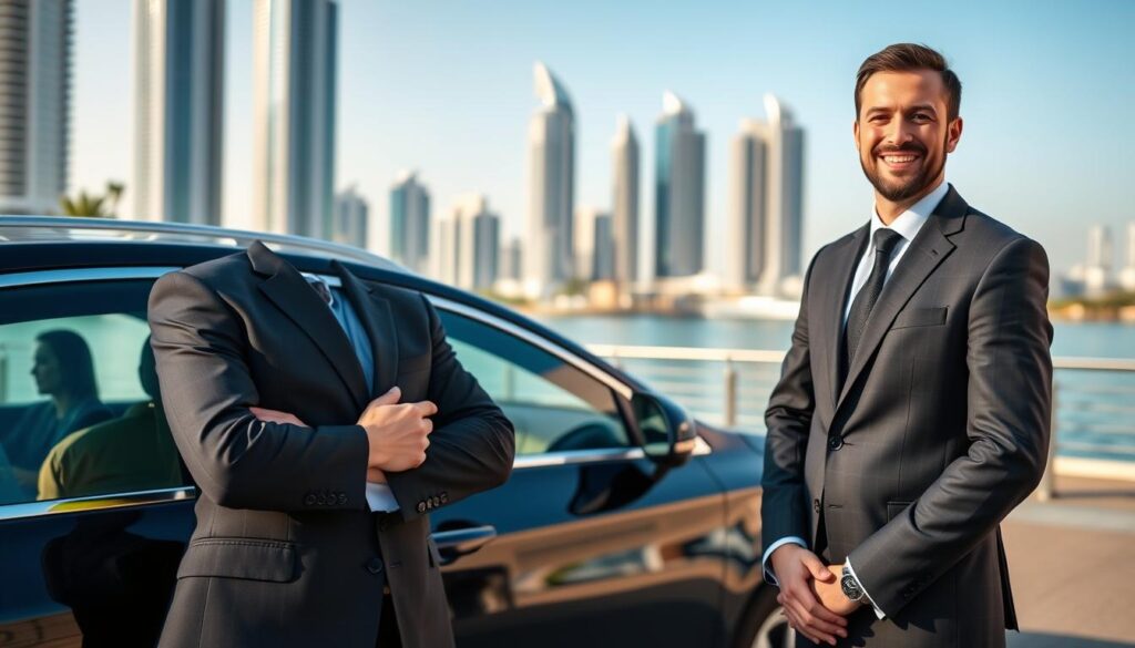 A professional, trustworthy driver in smart business attire stands next to a luxury vehicle at Jumeirah Lake Towers, showcasing reliability and safety. The foreground features the driver smiling confidently, holding the car keys, with the sleek car parked beside them. In the middle ground, the iconic towers of Jumeirah Lake Towers are visible, reflecting modern architecture under a bright, clear blue sky. Soft, natural lighting highlights the scene, creating a warm, inviting atmosphere. In the background, a hint of the vibrant community life is suggested through blurred figures in casual clothing walking along the waterfront, emphasizing a sense of safety and service. Capture this scene from a slightly angled view to add depth and perspective.