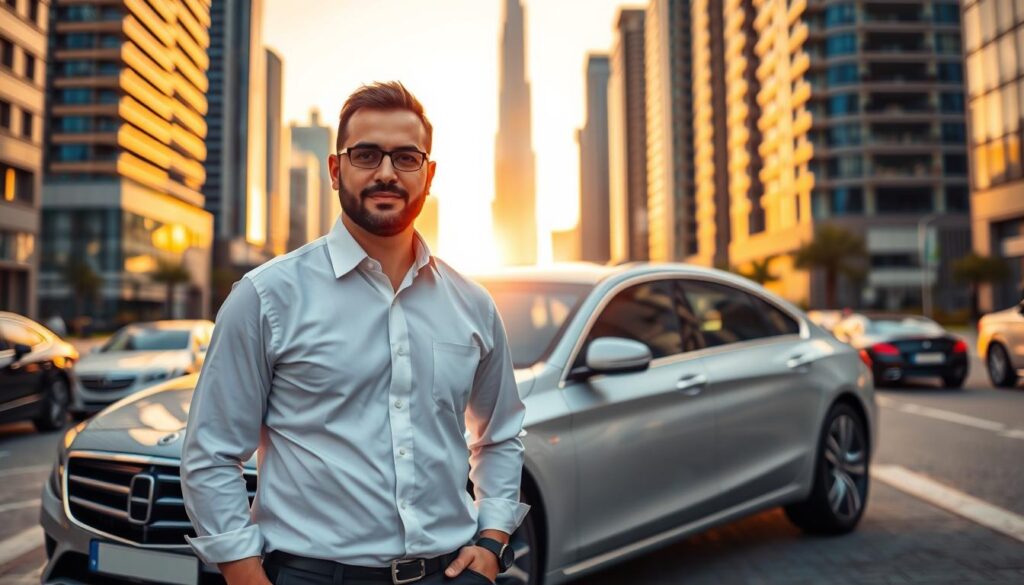 A professional, well-dressed designated driver standing confidently in front of a sleek, luxurious car in the vibrant streets of Dubai. The foreground showcases the driver, a Middle-Eastern man, wearing a crisp white shirt and dark trousers, exuding professionalism. In the middle ground, the polished car gleams under the warm, golden sunlight, with the iconic Burj Khalifa visible in the background amidst modern skyscrapers. The scene is bathed in soft, ambient lighting that highlights the elegance of the surroundings. A sunset sky casts a warm hue over the city, creating a welcoming and safe atmosphere. The overall mood is one of reliability and sophistication, underscoring the essence of designated driver services.