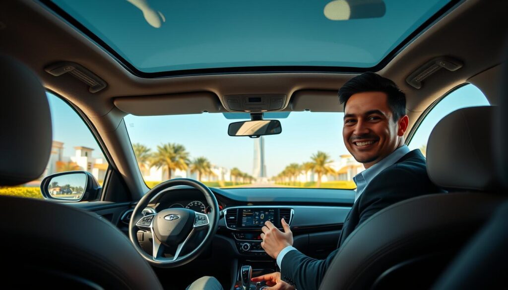 A reliable driver in Dubai Hills Estate seated inside a luxury sedan, showcasing professionalism and confidence. The driver, dressed in smart casual attire, is smiling while holding the steering wheel, surrounded by an elegant, well-maintained interior. In the foreground, the sleek dashboard displays a high-tech navigation system. The middle ground features the vibrant greenery of Dubai Hills Estate visible through the tinted windows, with glimpses of modern villas and palm trees creating a serene atmosphere. In the background, the iconic Burj Khalifa can be seen against a clear blue sky, symbolizing safety and luxury in transportation. The lighting is warm and inviting, highlighting the driver’s focus and the car’s sophisticated details, capturing an overall mood of trust and safety in transport services.