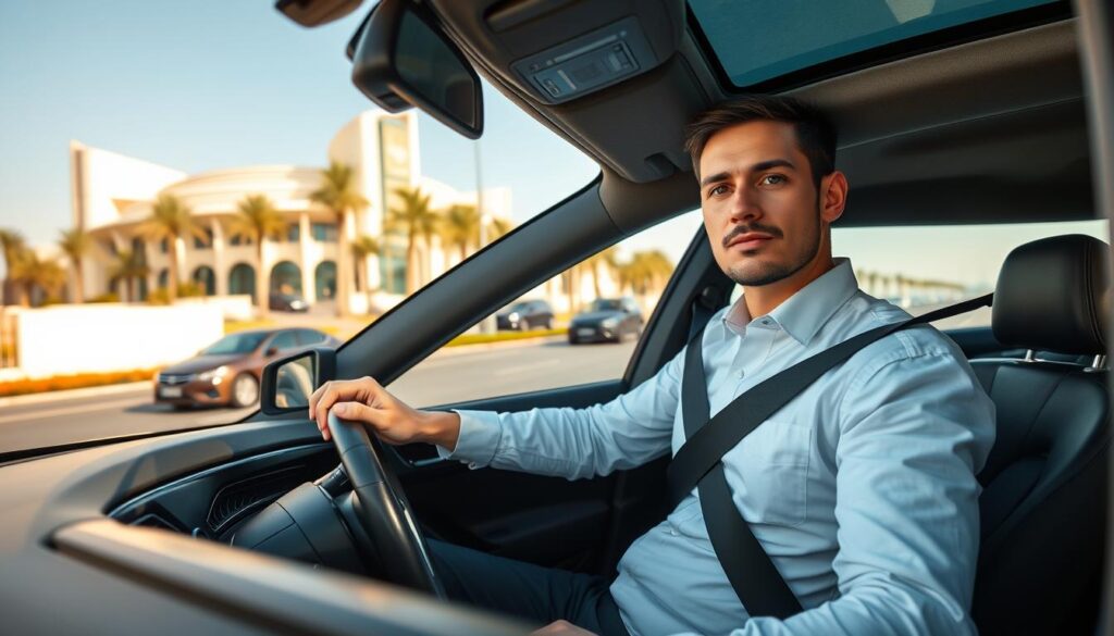 A reliable driver in a sleek black sedan, wearing a crisp white dress shirt and dark trousers, sits confidently in the driver's seat, showcasing professionalism and trustworthiness. The foreground highlights the driver's focused expression, with soft, warm lighting illuminating their face. In the middle ground, the luxurious surroundings of Dubai Sports City are visible, featuring iconic modern architecture and palm trees under a clear blue sky. The background captures the vibrancy of the area, with other cars and pedestrians in a bustling yet organized environment. The overall atmosphere is one of safety and reliability, evoking a sense of confidence in the driving services offered in this vibrant locale.