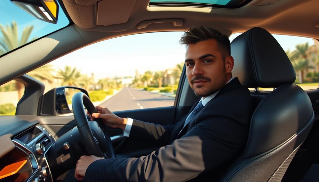 A reliable driver in a smart, professional outfit is seated in a modern, sleek vehicle, looking confidently at the camera. The foreground features the driver’s focused expression as they hold the steering wheel, emphasizing trust and responsibility. In the middle ground, a well-maintained road is visible, lined with lush greenery characteristic of Damac Hills 2, creating a vibrant and secure driving environment. The background includes a clear blue sky and distant upscale homes, showcasing the community's charm. The scene is illuminated by warm, natural sunlight, enhancing the inviting atmosphere. The angle is slightly from the driver's side, providing a view that suggests safety and reliability, perfect for illustrating a committed approach to secure driving.
