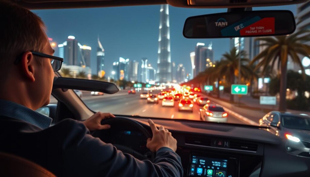 A safe driver navigating the bustling streets of Dubai city at night. In the foreground, a professional-looking driver in smart casual attire, focused and attentive behind the wheel of a modern car. The middle ground showcases the vibrant Dubai skyline, featuring iconic buildings like the Burj Khalifa illuminated against the night sky. Bright neon lights reflect off the car windows, creating an energetic atmosphere. In the background, palm trees and busy city streets filled with evening traffic, hinting at the excitement of nighttime rides. The scene is well-lit, capturing the essence of a safe, reliable transportation experience. The mood is calm yet dynamic, emphasizing safety and professionalism in nighttime driving. A safe driver navigating the bustling streets of Dubai city at night. In the foreground, a professional-looking driver in smart casual attire, focused and attentive behind the wheel of a modern car. The middle ground showcases the vibrant Dubai skyline, featuring iconic buildings like the Burj Khalifa illuminated against the night sky. Bright neon lights reflect off the car windows, creating an energetic atmosphere. In the background, palm trees and busy city streets filled with evening traffic, hinting at the excitement of nighttime rides. The scene is well-lit, capturing the essence of a safe, reliable transportation experience. The mood is calm yet dynamic, emphasizing safety and professionalism in nighttime driving.