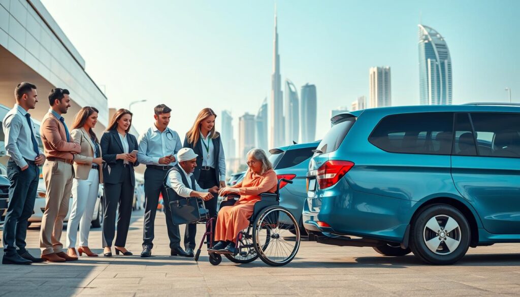 A scene illustrating the urgent need for medical appointment drivers in Dubai, featuring a diverse group of professional drivers in smart casual attire, standing beside well-maintained vehicles ready for transport. In the foreground, a driver interacts with an elderly patient in a wheelchair, showcasing compassion and assistance. The middle ground presents a busy hospital or clinic setting with a clear sky, emphasizing a dynamic urban background. In the background, iconic Dubai architecture subtly highlights the city’s modernity. Soft, natural lighting bathes the scene, creating a warm and welcoming atmosphere. The angle captures both the drivers' readiness and the patients' needs, reflecting professionalism and care in medical transportation.