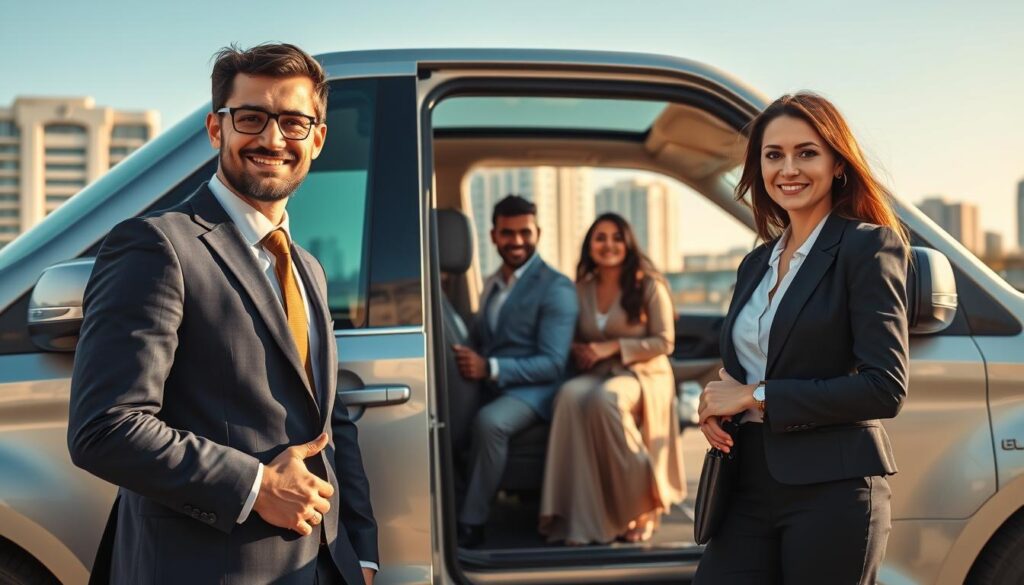 A serene and professional depiction of safe driver services in Jebel Ali. The foreground features a well-dressed male and female driver in smart business attire, standing next to a sleek, modern vehicle with a prominent logo indicating a trusted driving service. In the middle ground, there are a few satisfied passengers entering and exiting the vehicle, all smiling and appearing relaxed. The background showcases a clean urban environment of Jebel Ali, with modern buildings under a clear blue sky. Soft morning sunlight bathes the scene, creating a welcoming and trustworthy atmosphere. Capture the moment from a slightly elevated angle to highlight the interaction between the drivers and passengers while emphasizing the professionalism of the service.