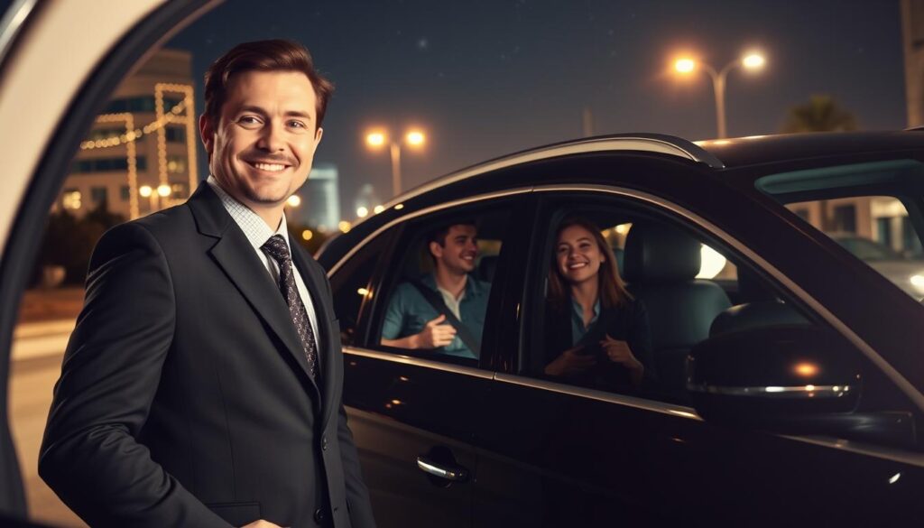 A serene nighttime scene highlighting the importance of safe transportation. In the foreground, a professionally dressed driver stands next to a luxury vehicle, smiling and looking reassuring. The middle layer features two friends safely using a ride service, laughing and enjoying their ride as they buckle their seatbelts. The background depicts city lights twinkling under a starry sky, with a well-lit street that suggests a calm urban atmosphere. The lighting is soft, with a gentle glow emanating from street lamps. The angle is slightly angled from above, adding depth to the scene. The overall mood is warm and inviting, emphasizing the security and comfort of safe transportation.