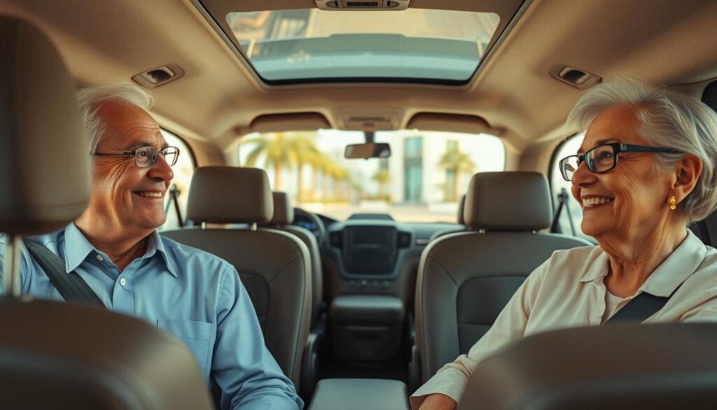 A serene scene depicting an elderly couple comfortably seated in a modern, well-equipped vehicle designed for senior citizen transportation. The foreground features the couple, the man in a neatly pressed shirt and the woman in a modest blouse, both smiling and enjoying their ride. In the middle, the interior of the vehicle is spacious with supportive seating, warm lighting, and safety features visible, such as seat belts and grab bars. The background shows a scenic view of the UAE landscape, highlighting palm trees and modern architecture through the windows. The atmosphere is warm and inviting, evoking feelings of safety, comfort, and reliability. Capture this moment with gentle, diffused lighting, and a focus on the couple that conveys a sense of peace and contentment.
