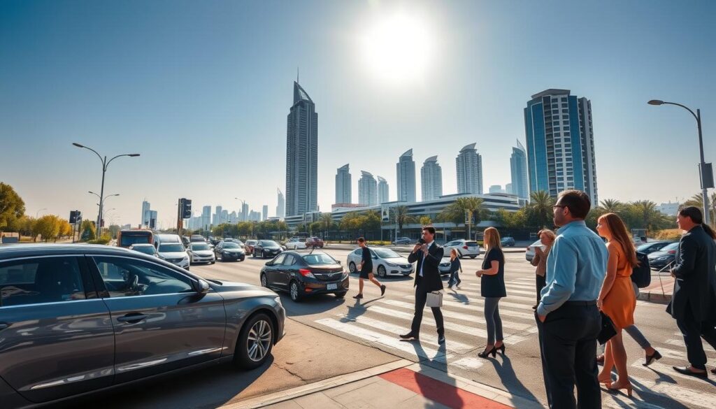 A serene scene depicting the importance of safe driving in a bustling urban setting. In the foreground, a diverse group of people, dressed in professional business attire, are attentively discussing traffic safety tips near a parked car. The middle ground showcases a busy street with cars moving carefully and pedestrians crossing at a marked crosswalk, highlighting the awareness of road safety. In the background, a modern skyline of The Meadows in Dubai is visible against a bright blue sky, with soft sunlight filtering through, casting gentle shadows. The mood is positive and proactive, emphasizing community engagement in safe driving practices. The image should be captured from a slightly elevated angle, using a wide lens to encompass the busy street while maintaining focus on the group.