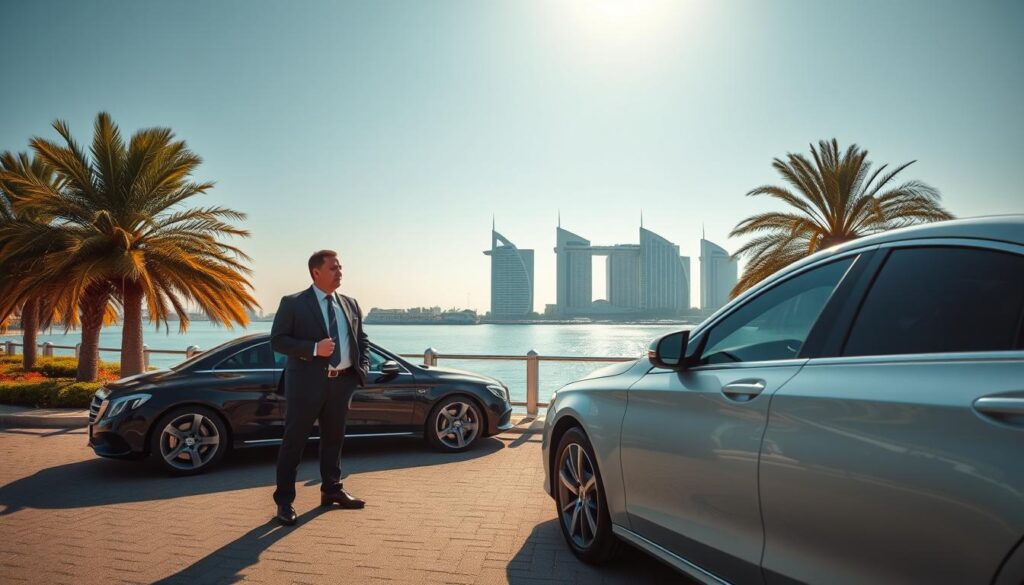 A serene scene in Palm Jumeirah showcasing trusted drivers in sleek, luxurious vehicles. In the foreground, two professional drivers in smart business attire stand confidently beside an elegant car, engaging in a friendly conversation. The middle ground features a picturesque backdrop of Palm Jumeirah's iconic waterfront, with lush palm trees swaying gently in the breeze. The luxurious hotels and modern architecture create a vibrant skyline under a bright blue sky. Soft, warm sunlight bathes the scene, enhancing the feeling of safety and professionalism. Capture the moment from a slightly angled perspective, using a wide lens to encompass the drivers and the stunning surroundings, conveying an atmosphere of trust, reliability, and relaxation in this exclusive location.