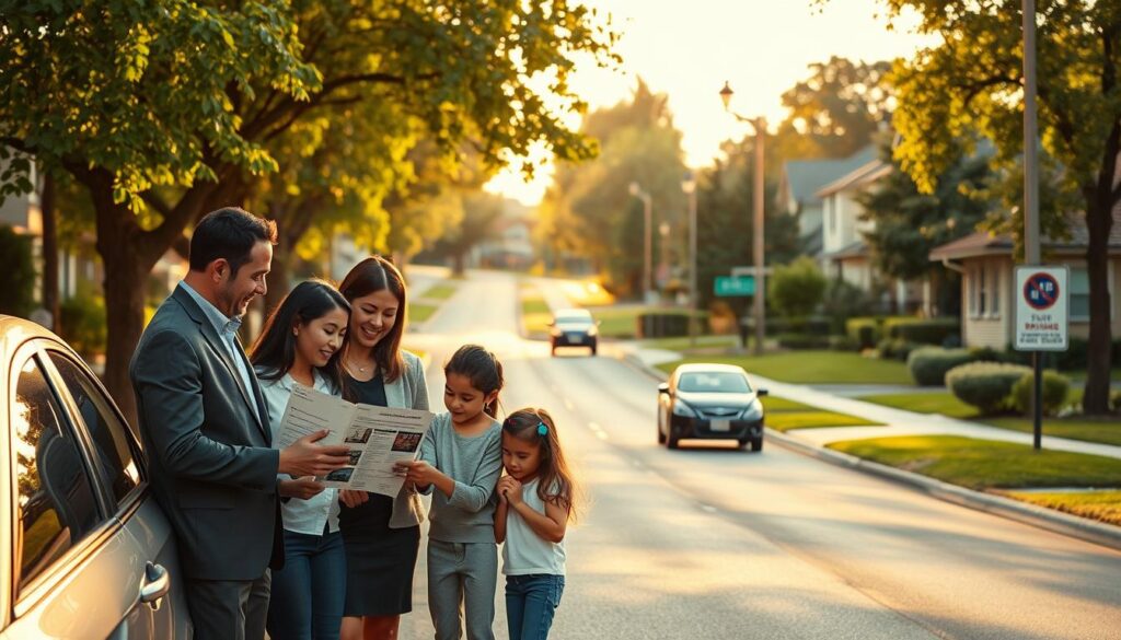 A serene, tree-lined suburban street during the late afternoon, bathed in warm golden light. In the foreground, a diverse family of five, dressed in professional attire, stands next to a parked car, examining road safety tips on a printed flyer. The parents are teaching their children about the importance of seatbelt use and pedestrian awareness, while a friendly neighborhood sign in the background advertises a local driving school. In the middle ground, a safe, well-maintained road curves gently ahead, with a few cars driving at a moderate speed. The background features houses and lush green gardens, creating a welcoming atmosphere. The soft, diffused sunlight casts gentle shadows, enhancing the feeling of safety and community. The overall mood is informative and educational, emphasizing the significance of safe driving practices.