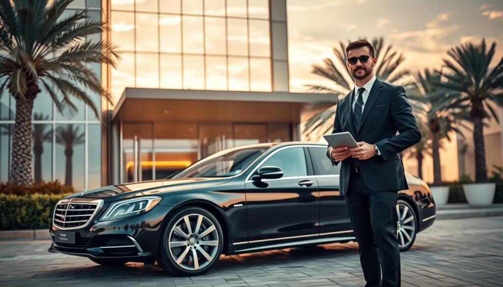 A sleek, black luxury sedan parked elegantly in front of a high-end business hotel in the UAE, glistening under soft, golden sunset lighting. In the foreground, a professional chauffeur in a crisp black suit, white shirt, and tie stands confidently next to the car, holding a tablet with booking details. The middle ground features the opulent entrance of the hotel, with glass doors, a luxurious lobby visible, and palm trees lining the entrance, hinting at a relaxed yet sophisticated atmosphere. In the background, a serene skyline of the UAE can be seen, with gently flowing clouds. The overall mood is one of refined professionalism, comfort, and seamless travel experience. The image is crisp and clear, with a focus on the chauffeur and vehicle, captured from a slightly low angle to enhance the grandeur of the scene. A sleek, black luxury sedan parked elegantly in front of a high-end business hotel in the UAE, glistening under soft, golden sunset lighting. In the foreground, a professional chauffeur in a crisp black suit, white shirt, and tie stands confidently next to the car, holding a tablet with booking details. The middle ground features the opulent entrance of the hotel, with glass doors, a luxurious lobby visible, and palm trees lining the entrance, hinting at a relaxed yet sophisticated atmosphere. In the background, a serene skyline of the UAE can be seen, with gently flowing clouds. The overall mood is one of refined professionalism, comfort, and seamless travel experience. The image is crisp and clear, with a focus on the chauffeur and vehicle, captured from a slightly low angle to enhance the grandeur of the scene.