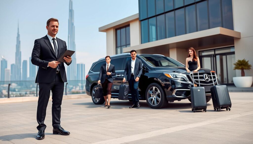 A sleek, modern Dubai event transportation scene featuring a professional event pickup driver in a stylish suit, standing next to a luxurious, black SUV parked in front of an upscale hotel. In the foreground, the driver is holding a tablet, ready to assist arriving guests. The middle ground showcases elegant event attendees arriving with luggage, dressed in smart casual or professional attire, with the futuristic skyline of Dubai visible behind them. The background includes iconic Dubai landmarks, like the Burj Khalifa, under a clear blue sky with soft natural lighting. The image should have a polished, vibrant atmosphere, capturing the essence of luxury and reliability in event transportation. Use a slightly angled perspective to create depth and convey movement.