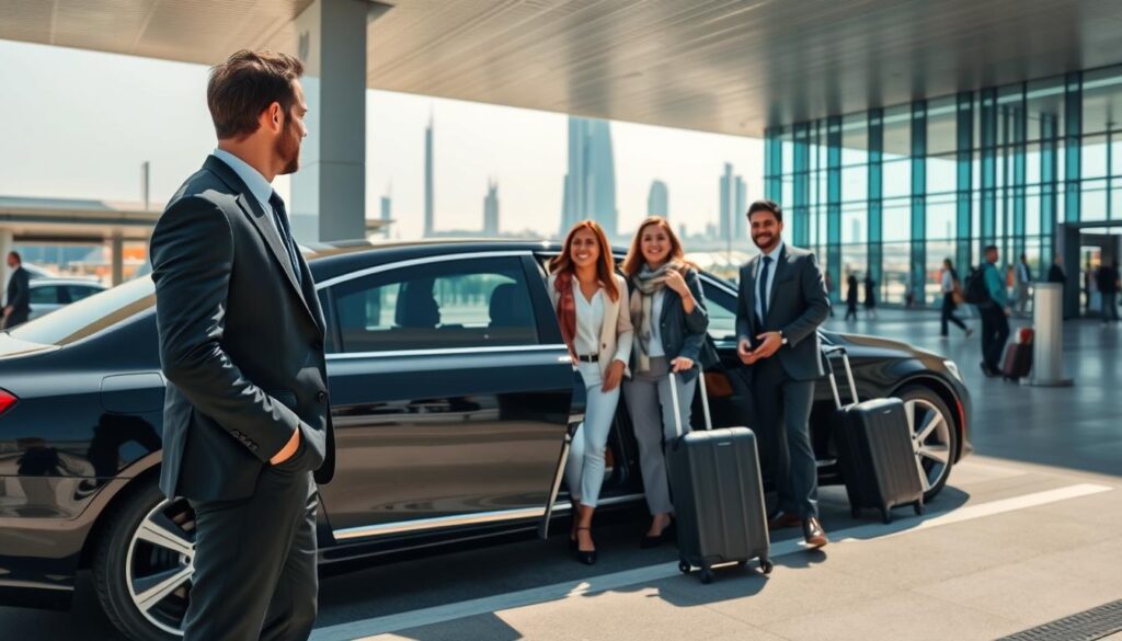 A sleek, modern airport pickup service in Dubai, featuring a luxurious black sedan parked at the arrivals curb of a busy international terminal. In the foreground, an elegantly dressed driver in a professional suit stands beside the open passenger door, ready to assist travelers with their luggage. In the middle, a diverse group of travelers, including a family and a businessperson, are smiling as they step out of the terminal, showcasing a sense of comfort and ease. In the background, the iconic Burj Khalifa and the bustling airport environment create a vivid Dubai skyline. Bright, natural daylight illuminates the scene, casting soft shadows and enhancing the warm, welcoming atmosphere of seamless travel. Capture this scene from a slightly elevated angle to emphasize the interaction and the modernity of the service.