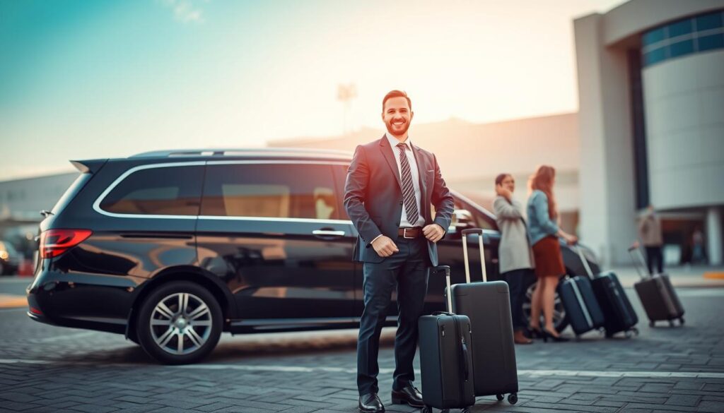 A sleek, modern airport transportation vehicle, such as a private car or shuttle, parked at the entrance of Dubai Airport. In the foreground, a professionally dressed driver with a welcoming smile stands beside the vehicle, ready to assist passengers. The middle ground features travelers with luggage, expressing a sense of security and ease as they interact with the driver. The background showcases the iconic architecture of Dubai Airport, with a clear blue sky above and soft, natural sunlight illuminating the scene, enhancing the atmosphere of trust and reliability. The perspective is slightly angled to capture both the driver and the airport entrance, emphasizing a safe and efficient transportation experience. The mood is professional yet inviting, representing the importance of safe transfers. A sleek, modern airport transportation vehicle, such as a private car or shuttle, parked at the entrance of Dubai Airport. In the foreground, a professionally dressed driver with a welcoming smile stands beside the vehicle, ready to assist passengers. The middle ground features travelers with luggage, expressing a sense of security and ease as they interact with the driver. The background showcases the iconic architecture of Dubai Airport, with a clear blue sky above and soft, natural sunlight illuminating the scene, enhancing the atmosphere of trust and reliability. The perspective is slightly angled to capture both the driver and the airport entrance, emphasizing a safe and efficient transportation experience. The mood is professional yet inviting, representing the importance of safe transfers.