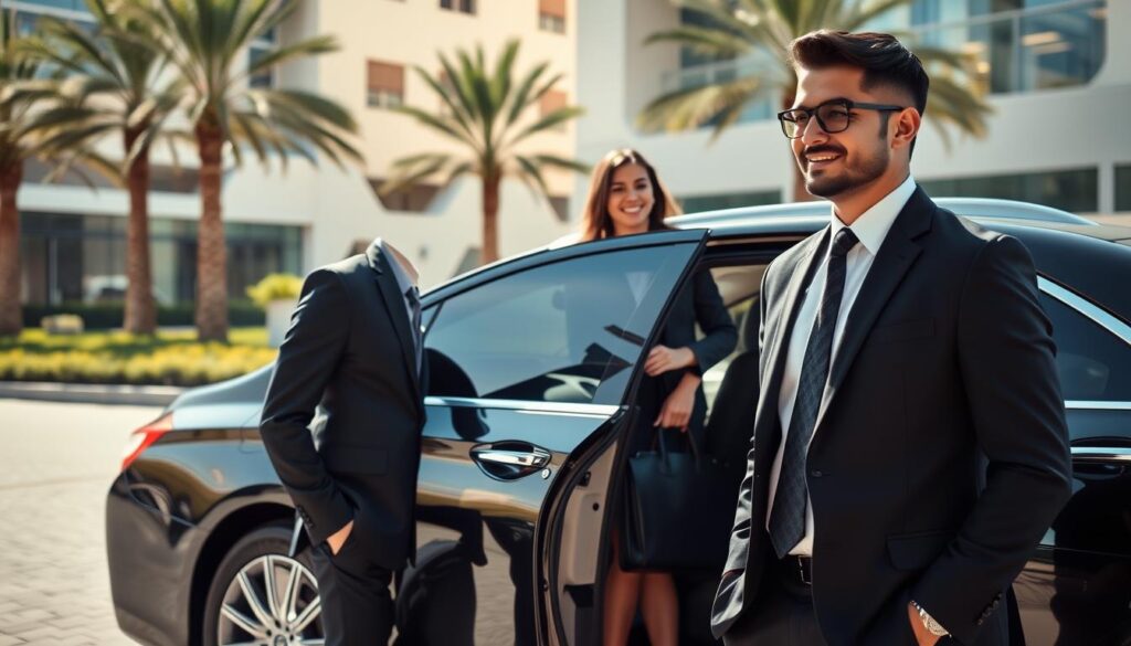 A sophisticated and serene scene capturing the benefits of hiring a professional driver service. In the foreground, a well-dressed chauffeur, wearing a crisp black suit and a neat tie, stands beside a luxury sedan with the door open, exuding professionalism and confidence. In the middle ground, a smiling business traveler in smart attire, stepping into the vehicle, looks relaxed and assured, holding a briefcase. The background showcases a well-maintained, upscale urban environment of Al Barsha, Dubai, with modern architecture and palm trees. The lighting is bright and inviting, suggesting a sunny day, with soft shadows enhancing depth. The mood is calm and reassuring, conveying a sense of safety and reliability in professional transportation services.