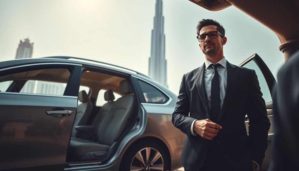 A sophisticated scene depicting a luxurious comfort transportation service in the UAE. In the foreground, a stylish driver in business attire stands beside an elegant, high-end sedan, ready to assist passengers. The middle ground features a sleek vehicle with spacious leather interiors, highlighting comfort and modern amenities. In the background, iconic UAE architecture like the Burj Khalifa is visible under a bright blue sky, symbolizing the city’s vibrancy. Soft, natural lighting accentuates the scene, creating an inviting atmosphere. The angle is slightly low, emphasizing the luxury of the vehicle and the professionalism of the service, suggesting a reliable and comfortable travel experience. The mood is warm and welcoming, perfect for travelers seeking a serene transport option. A sophisticated scene depicting a luxurious comfort transportation service in the UAE. In the foreground, a stylish driver in business attire stands beside an elegant, high-end sedan, ready to assist passengers. The middle ground features a sleek vehicle with spacious leather interiors, highlighting comfort and modern amenities. In the background, iconic UAE architecture like the Burj Khalifa is visible under a bright blue sky, symbolizing the city’s vibrancy. Soft, natural lighting accentuates the scene, creating an inviting atmosphere. The angle is slightly low, emphasizing the luxury of the vehicle and the professionalism of the service, suggesting a reliable and comfortable travel experience. The mood is warm and welcoming, perfect for travelers seeking a serene transport option.