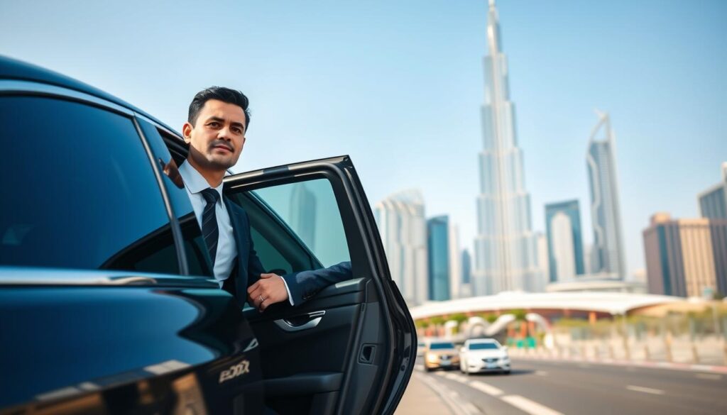 A split scene showcasing the benefits of hiring a part-time personal driver in Dubai. In the foreground, a professional-looking driver in smart attire is opening the door of a luxury vehicle, welcoming a businessperson dressed in a sharp suit. The middle ground features a vibrant cityscape of Dubai, with iconic skyscrapers like the Burj Khalifa in the background under a clear blue sky. The atmosphere is busy yet sophisticated, reflecting a sense of reliability and convenience associated with personal driving services. The lighting is bright and inviting, evoking a sense of professionalism and trust. The angle captures both the interaction between the driver and the client and the stunning architecture of Dubai, emphasizing the blend of luxury and practicality in transportation. A split scene showcasing the benefits of hiring a part-time personal driver in Dubai. In the foreground, a professional-looking driver in smart attire is opening the door of a luxury vehicle, welcoming a businessperson dressed in a sharp suit. The middle ground features a vibrant cityscape of Dubai, with iconic skyscrapers like the Burj Khalifa in the background under a clear blue sky. The atmosphere is busy yet sophisticated, reflecting a sense of reliability and convenience associated with personal driving services. The lighting is bright and inviting, evoking a sense of professionalism and trust. The angle captures both the interaction between the driver and the client and the stunning architecture of Dubai, emphasizing the blend of luxury and practicality in transportation.