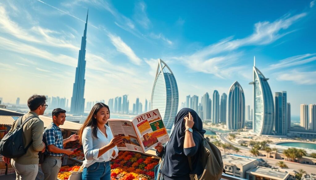 A stunning aerial view of Dubai showcasing its iconic skyline, including the Burj Khalifa and the Palm Jumeirah. In the foreground, a diverse group of tourists, dressed in smart casual attire, are engaged in a conversation about their travel plans while consulting a stylish travel guide that highlights Dubai’s attractions. The middle ground features a vibrant market scene with colorful stalls selling traditional spices and textiles, evoking a sense of exploration. The background captures the modern architecture of futuristic skyscrapers under a bright blue sky, with wispy clouds. Soft, warm lighting bathes the scene, creating an inviting atmosphere, while a wide-angle lens emphasizes the grandeur of the city. The overall mood conveys excitement and adventure in discovering the jewel of the UAE.