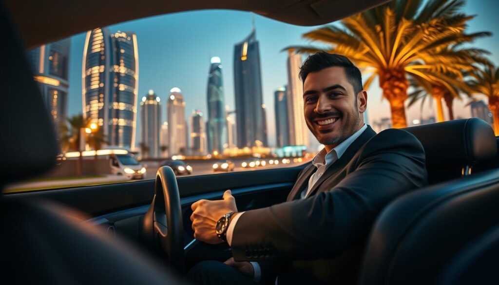 A stylish designated driver in Dubai, wearing a tailored suit, guiding a luxurious sedan through a vibrant cityscape at dusk. In the foreground, focus on the driver, confidently gripping the steering wheel, with a friendly smile, conveying professionalism and reliability. The middle ground reveals the illuminated skyscrapers of Dubai, showcasing their unique and modern architectural designs, expertly lit against the soft glow of twilight. In the background, palm trees sway gently, enhancing the urban atmosphere. The scene is captured with a shallow depth of field to emphasize the driver while softly blurring the surroundings. Warm, inviting lighting creates a sense of safety and comfort, ideal for a designated driving service, illustrating the benefits of choosing a designated driver in Dubai.