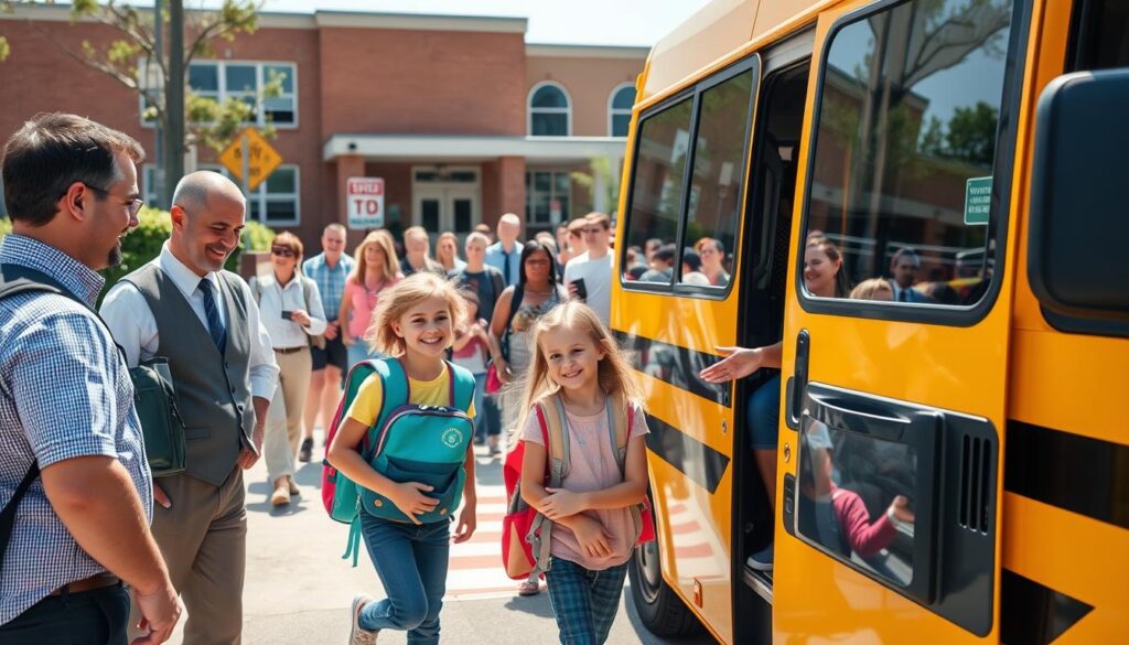 A sunny day at a busy school pickup zone, showcasing the significance of safe transportation for students. In the foreground, two responsible school drivers, a man and a woman in professional attire, are helping children into a brightly colored, well-maintained school van. The children, smiling and wearing backpacks, exhibit excitement and trust. In the middle ground, a diverse group of parents, standing patiently and observing, reinforces the community focus on safety. The background features a well-organized school building with safety signs and a crosswalk, emphasizing a secure environment. Use natural lighting to create a warm, inviting atmosphere with soft shadows. The angle should be slightly elevated, capturing the interaction and engagement of all subjects, highlighting the joy and safety associated with reliable school transportation.