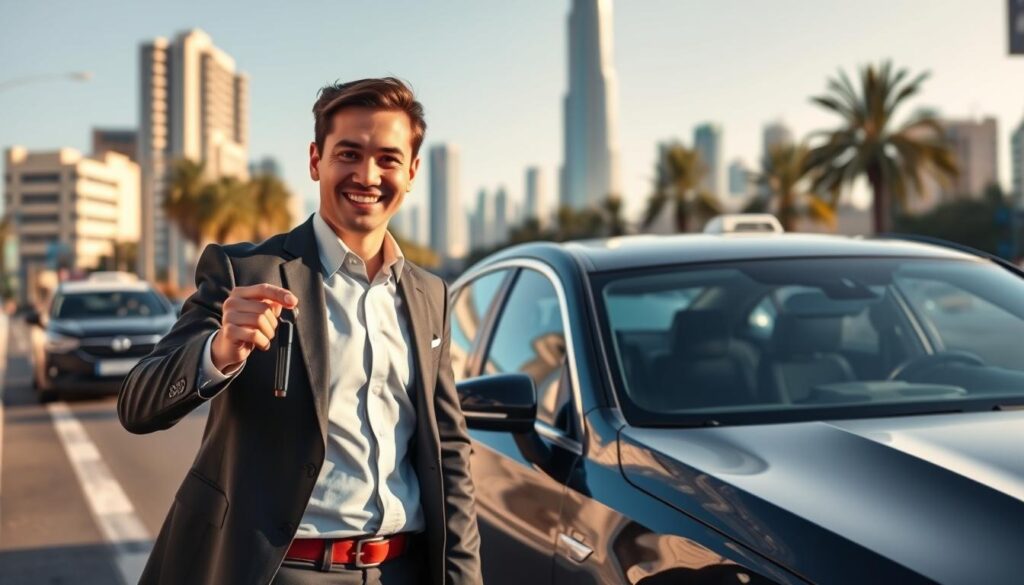 A temporary car driver in Dubai, dressed in smart professional attire, standing next to a sleek, modern car in a busy urban street. The driver is smiling and holding keys, embodying trustworthiness and professionalism. In the foreground, the driver is positioned slightly left of center, while the middle ground features the car with a clear view of Dubai's iconic skyline, including the Burj Khalifa. The background showcases a bustling city atmosphere with palm trees and a clear blue sky. Soft afternoon sunlight illuminates the scene, creating a warm and inviting atmosphere. The angle is a dynamic three-quarter view that highlights both the driver and the car, conveying a sense of reliability and readiness for service. This image captures the essence of temporary driving services in a vibrant, modern Dubai setting.