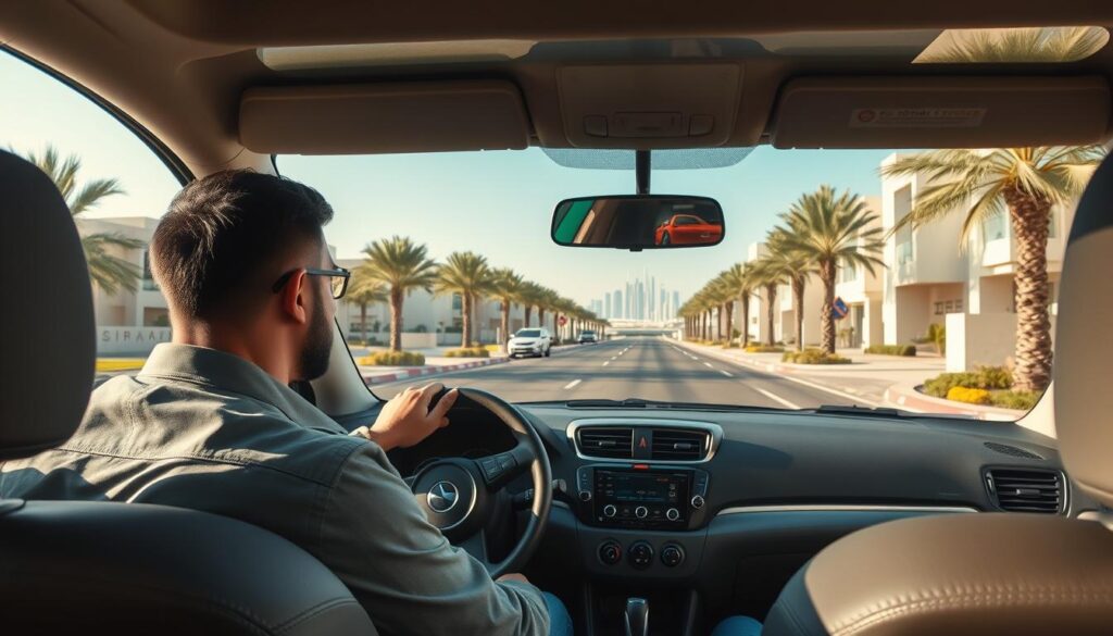 A tranquil scene depicting safe driving in The Springs, Dubai. In the foreground, a professional driver wearing smart casual attire is focused on the road, showcasing attentive and confident driving. In the middle ground, a well-maintained, modern residential area with palm trees and contemporary architecture is visible along the road, with clear traffic signs promoting safe driving practices. The background features a clear blue sky and hints of the iconic Dubai skyline in the distance, under bright, natural daylight that enhances the serene atmosphere. The composition should evoke a sense of security and responsibility, emphasizing the importance of safe driving in this picturesque community. Use a wide-angle perspective to capture the environment fully, ensuring a balanced and inviting mood.