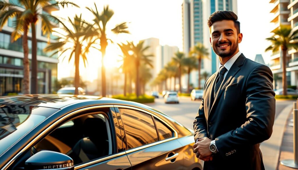A trustworthy driver service in Jumeirah Beach Residence, showcasing a professional driver in a smart uniform, smiling and standing next to a sleek, luxurious car ready for passengers. In the foreground, capture the driver’s confident demeanor and polite posture, while highlighting a clear, well-maintained vehicle. In the middle ground, depict a tranquil scene of the vibrant JBR area with palm trees lining the street and modern buildings in the background, bathed in warm, golden sunlight, hinting at safety and comfort. Use a slight upward angle to emphasize the professionalism and reliability of the driver services. The overall mood should be welcoming and reassuring, promoting a sense of security for passengers.