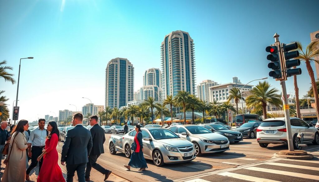 A vibrant and bustling street scene at Jumeirah Beach Residence, showcasing safe driving practices. In the foreground, a carefully monitored intersection with a diverse group of pedestrians, including individuals in professional business attire and modest casual clothing, waiting to cross. In the middle, a mix of modern vehicles, including family sedans and environmentally friendly cars, are stopped at a traffic light, exhibiting road safety. The background features the iconic skyscrapers of Jumeirah Beach Residence under bright, clear blue skies with mild, natural sunlight creating a warm atmosphere. The lens captures a slight depth of field, focusing on the safety signage and traffic lights, conveying an air of organization and community vigilance towards road safety.