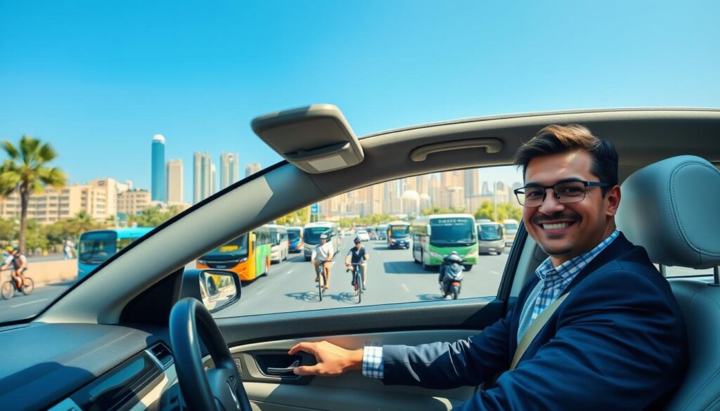 A vibrant city landscape depicting safe transportation in The Springs, Dubai. In the foreground, a professionally dressed driver is smiling and confidently navigating a modern, well-maintained car, showcasing safety features like seatbelts and airbags. In the middle ground, an array of diverse vehicles including buses, bicycles, and electric scooters share the road harmoniously. The background features iconic Dubai architecture under clear blue skies, radiating a sense of security and tranquility. Soft, natural lighting enhances the scene, casting gentle shadows and accentuating the professionalism of the transportation services. The overall mood is positive and reassuring, emphasizing the peace of mind that comes from choosing safe driver services.