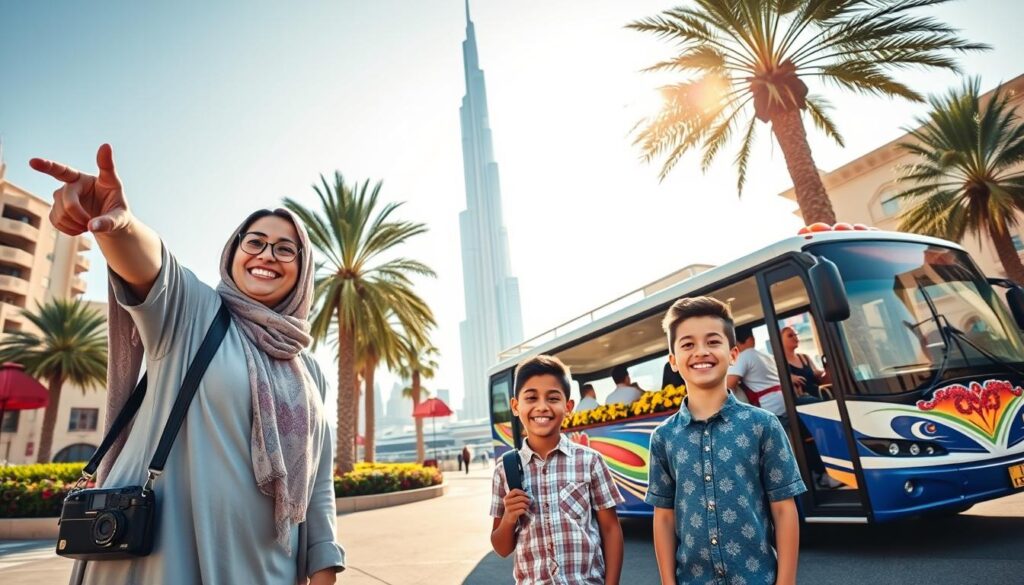 A vibrant family-friendly scene in Dubai showcasing a diverse family of four enjoying a city tour. In the foreground, a smiling mom and dad are pointing excitedly at a famous landmark, dressed in modest casual clothing, while two children, a boy and a girl, happily take pictures with a camera. In the middle ground, a stylish tour bus with an open top passes by, adorned with colorful decorations, surrounded by lush palm trees and picturesque city architecture. The background features the iconic Burj Khalifa reaching into a bright blue sky, with soft, radiant sunlight illuminating the scene. Capture a warm, inviting atmosphere filled with joy, exploration, and cultural richness, using a wide-angle lens to convey the vibrancy of Dubai's family-friendly charm. A vibrant family-friendly scene in Dubai showcasing a diverse family of four enjoying a city tour. In the foreground, a smiling mom and dad are pointing excitedly at a famous landmark, dressed in modest casual clothing, while two children, a boy and a girl, happily take pictures with a camera. In the middle ground, a stylish tour bus with an open top passes by, adorned with colorful decorations, surrounded by lush palm trees and picturesque city architecture. The background features the iconic Burj Khalifa reaching into a bright blue sky, with soft, radiant sunlight illuminating the scene. Capture a warm, inviting atmosphere filled with joy, exploration, and cultural richness, using a wide-angle lens to convey the vibrancy of Dubai's family-friendly charm.