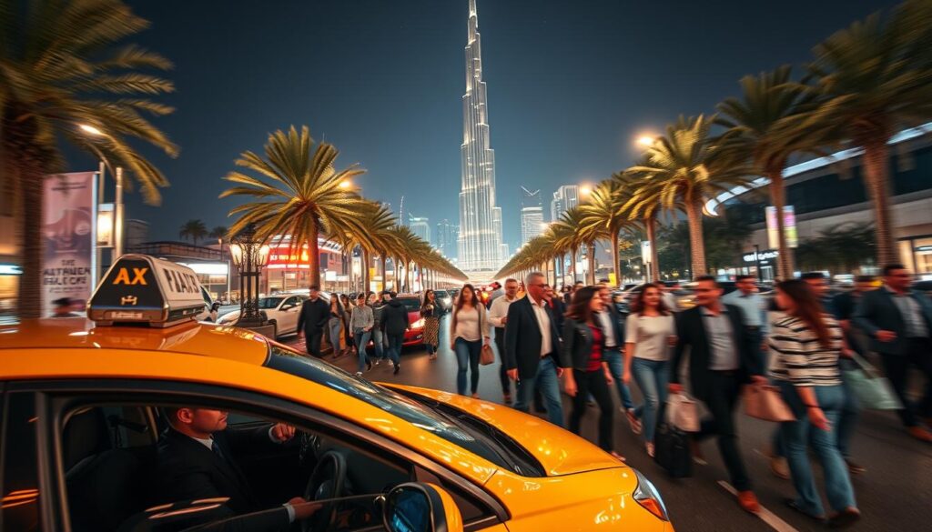A vibrant late night scene in Dubai showcasing modern transportation. In the foreground, a stylish, illuminated taxi with a professional driver in smart attire awaits passengers. The middle ground features bustling streets lined with palm trees, and diverse groups of people, dressed in business casual attire, navigating the city under the glow of neon signs and streetlights. In the background, the iconic Burj Khalifa tower shines against a starry sky, creating a dramatic skyline. The image captures a sense of movement and energy, with blurred motion effects suggesting the dynamic nature of late-night life. Soft lighting enhances the warm atmosphere, creating an inviting, safe environment for nighttime travel. Use a wide-angle perspective to emphasize the scale of the city and the vibrant nightlife. A vibrant late night scene in Dubai showcasing modern transportation. In the foreground, a stylish, illuminated taxi with a professional driver in smart attire awaits passengers. The middle ground features bustling streets lined with palm trees, and diverse groups of people, dressed in business casual attire, navigating the city under the glow of neon signs and streetlights. In the background, the iconic Burj Khalifa tower shines against a starry sky, creating a dramatic skyline. The image captures a sense of movement and energy, with blurred motion effects suggesting the dynamic nature of late-night life. Soft lighting enhances the warm atmosphere, creating an inviting, safe environment for nighttime travel. Use a wide-angle perspective to emphasize the scale of the city and the vibrant nightlife.