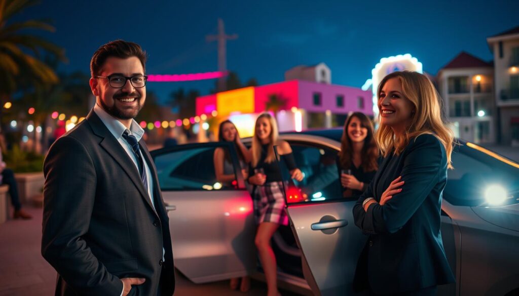 A vibrant scene at a lively after-party outside a bright, upscale venue. In the foreground, a professional, modestly dressed designated driver stands by a sleek car, smiling and ready to assist. The middle ground captures a cheerful group of friends in smart casual attire, laughing and preparing to enter the car, embodying safety and camaraderie. In the background, colorful party lights illuminate the night sky, while a subtle glow from nearby buildings adds warmth to the atmosphere. The image should convey a sense of joy and relaxation, emphasizing the benefits of having a designated driver. Use soft lighting with a slight bokeh effect for a dreamy quality, shot from a slightly angled perspective that invites the viewer into the action.