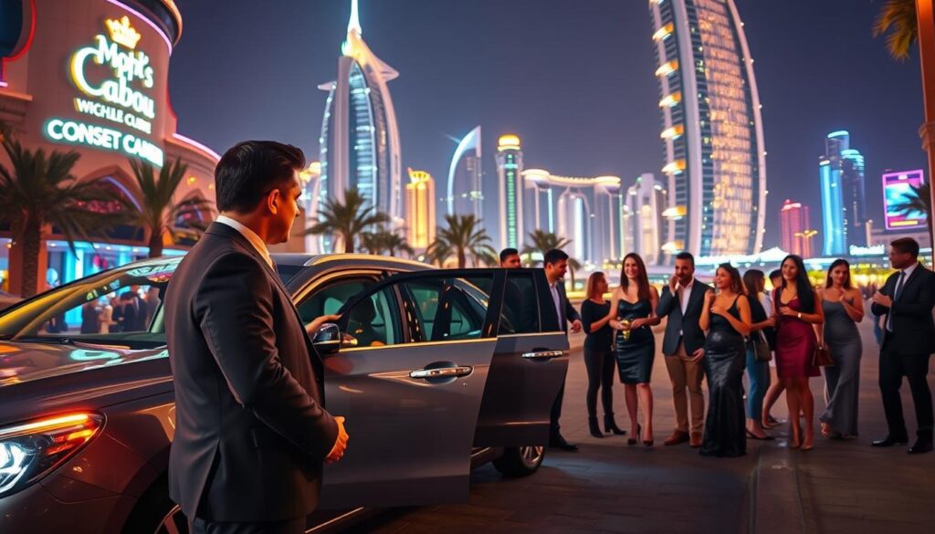 A vibrant scene depicting nightlife transportation in Dubai, focusing on a luxurious vehicle parked near a popular nightclub. In the foreground, a well-dressed driver stands by the car, wearing professional business attire, ready to assist guests. The middle ground features groups of elegantly dressed individuals enjoying the night, filled with laughter and conversation as they approach the vehicle. The background showcases Dubai's iconic skyline illuminated with colorful lights, capturing the dynamic energy of the city after dark. The atmosphere is lively yet sophisticated, with warm lighting highlighting the scene. The image should be taken from a low angle to emphasize the grandeur of the surroundings, creating an immersive experience of safe and reliable night rides in Dubai. A vibrant scene depicting nightlife transportation in Dubai, focusing on a luxurious vehicle parked near a popular nightclub. In the foreground, a well-dressed driver stands by the car, wearing professional business attire, ready to assist guests. The middle ground features groups of elegantly dressed individuals enjoying the night, filled with laughter and conversation as they approach the vehicle. The background showcases Dubai's iconic skyline illuminated with colorful lights, capturing the dynamic energy of the city after dark. The atmosphere is lively yet sophisticated, with warm lighting highlighting the scene. The image should be taken from a low angle to emphasize the grandeur of the surroundings, creating an immersive experience of safe and reliable night rides in Dubai.