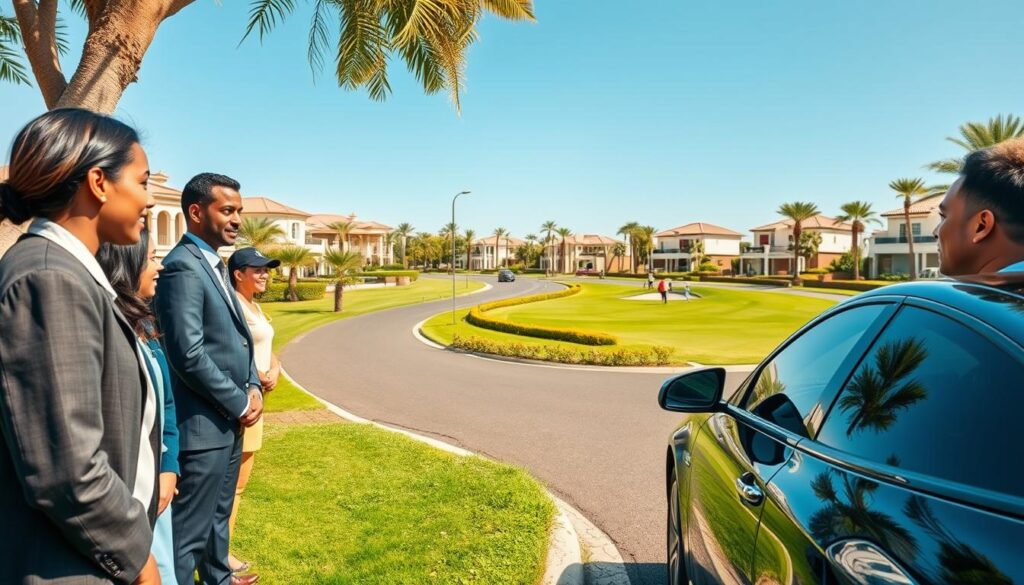 A vibrant scene depicting safe driving in Jumeirah Golf Estates, featuring a well-maintained, family-friendly neighborhood. In the foreground, a diverse group of people, dressed in professional business attire, gather around a sleek, modern car parked along a tree-lined road. Their expressions display confidence and attentiveness. In the middle ground, a winding road curves through beautifully landscaped greens, with golfers visible in the distance enjoying the sunny day. The background showcases luxurious villas with palm trees and clear blue skies, creating an inviting atmosphere. Soft, golden sunlight enhances the scene, casting gentle shadows and emphasizing the importance of careful driving. The angle is slightly elevated, providing a comprehensive view that balances the human element with the luxurious landscape.
