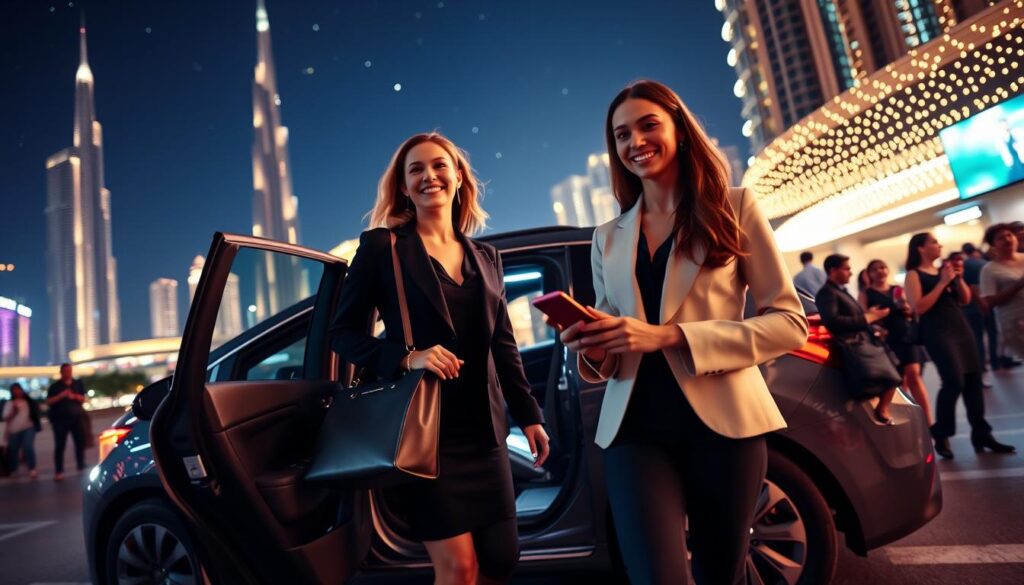 A vibrant scene depicting the benefits of After Party Pickup in Dubai. In the foreground, two professional individuals in smart casual attire—one carrying a stylish handbag and the other holding a phone—are stepping into a clean, modern rideshare vehicle. They are smiling and looking relaxed, reflecting a sense of security and convenience. In the middle ground, a luxurious Dubai skyline illuminates the night, showcasing iconic buildings like the Burj Khalifa against a starry sky. The background features bustling nightlife with scattered lights and blurred figures of people enjoying post-party activities, creating an energetic atmosphere. Use soft, warm lighting to enhance the inviting mood, with a focus on the vehicle and the characters in the foreground. Capture from a slight low-angle perspective to emphasize the grandeur of the surroundings.
