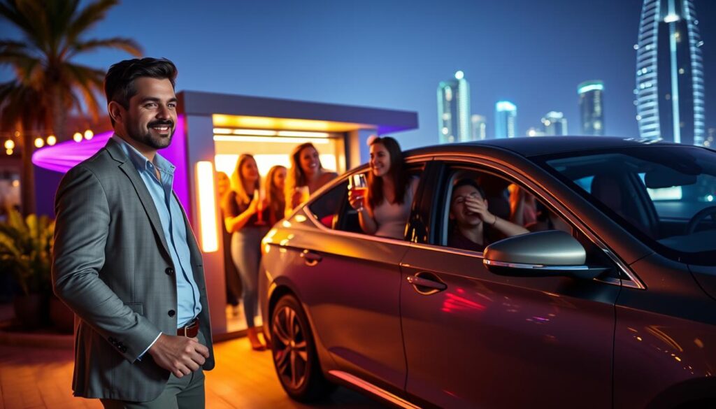 A vibrant scene emphasizing the importance of a designated driver concept. In the foreground, a friendly and professional driver in smart casual attire stands next to a sleek, modern car, gesturing in a welcoming manner. In the middle, a diverse group of young adults, laughing and enjoying themselves, are seen exiting a lively party venue with drinks in hand, expressing the joy of responsible celebration. The background features colorful party lights and the iconic skyline of Dubai at dusk, illuminated to create an energetic but safe atmosphere. Soft, warm lighting enhances the scene, casting gentle shadows and highlighting the camaraderie. The angle is slightly low, emphasizing the group and the driver, creating a feeling of safety and trust. The overall mood conveys celebration combined with a strong message of responsibility. A vibrant scene emphasizing the importance of a designated driver concept. In the foreground, a friendly and professional driver in smart casual attire stands next to a sleek, modern car, gesturing in a welcoming manner. In the middle, a diverse group of young adults, laughing and enjoying themselves, are seen exiting a lively party venue with drinks in hand, expressing the joy of responsible celebration. The background features colorful party lights and the iconic skyline of Dubai at dusk, illuminated to create an energetic but safe atmosphere. Soft, warm lighting enhances the scene, casting gentle shadows and highlighting the camaraderie. The angle is slightly low, emphasizing the group and the driver, creating a feeling of safety and trust. The overall mood conveys celebration combined with a strong message of responsibility.