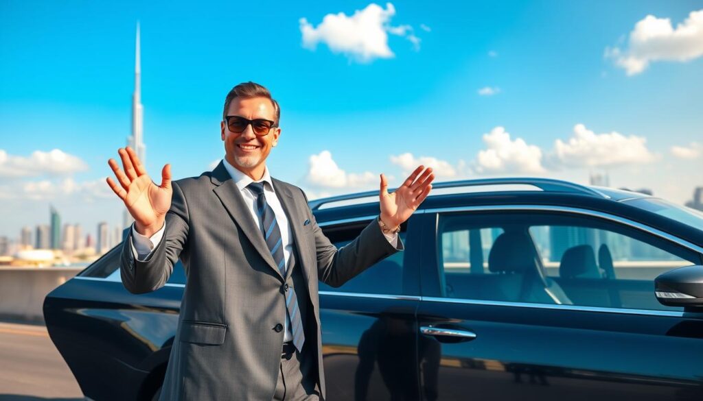 A vibrant scene showcasing a professional tourist driver in Dubai, dressed in smart business attire, standing beside a luxurious vehicle, such as a sleek black SUV. In the foreground, the driver is gesturing warmly, welcoming travelers with friendly smiles. The middle ground features a picturesque view of iconic Dubai landmarks like the Burj Khalifa and the Dubai Marina, adding a sense of location. The background highlights a clear blue sky with a few fluffy clouds, enhancing the feeling of a perfect travel day. The lighting is bright and inviting, capturing the essence of a sunny Arabian day, with soft shadows for depth. The mood is relaxed and welcoming, emphasizing the ease of hiring a tourist driver for exploring Dubai.