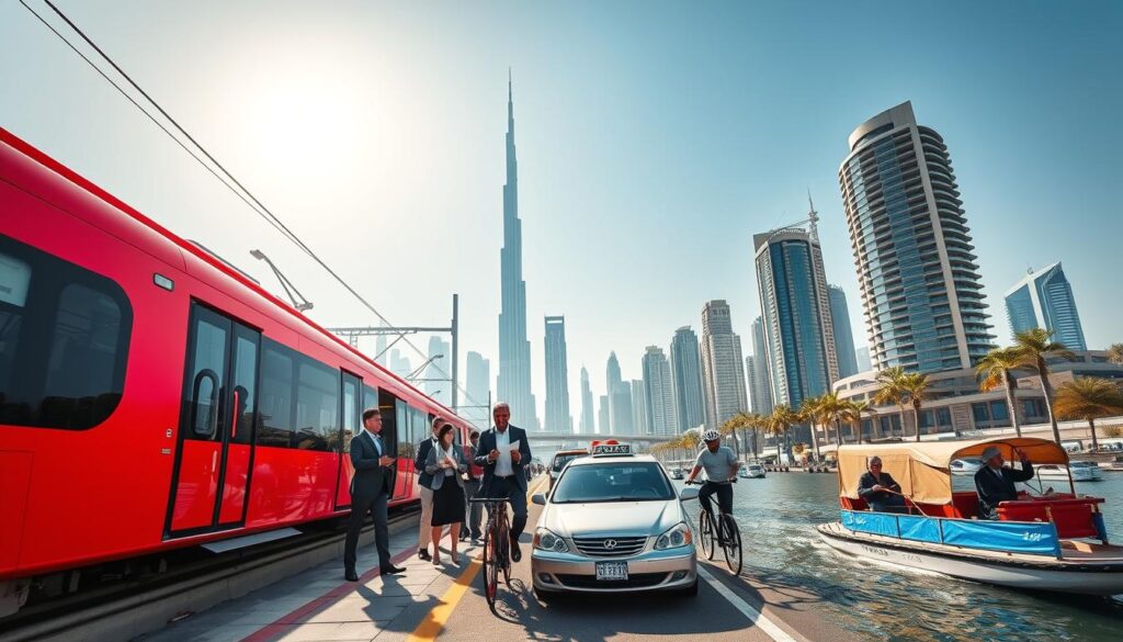 A vibrant scene showcasing various modes of tourist transportation in Dubai. In the foreground, a sleek red Dubai Metro train glides smoothly along its elevated track, while to the side, a diverse group of tourists dressed in professional business attire and modest casual clothing—representing various nationalities—chart their course using a map. The middle ground features a luxurious taxi, a bicycle-rider navigating a designated lane, and a traditional abra boat navigating the serene waters of Dubai Creek. The background is dominated by the iconic skyline, including the Burj Khalifa under a clear blue sky with the sun shining brightly. Capture the bustling energy of tourists and locals, emphasizing convenience and accessibility, with a vibrant, inviting atmosphere that highlights the multicultural essence of Dubai. Use a wide-angle lens to encompass the dynamic landscape. A vibrant scene showcasing various modes of tourist transportation in Dubai. In the foreground, a sleek red Dubai Metro train glides smoothly along its elevated track, while to the side, a diverse group of tourists dressed in professional business attire and modest casual clothing—representing various nationalities—chart their course using a map. The middle ground features a luxurious taxi, a bicycle-rider navigating a designated lane, and a traditional abra boat navigating the serene waters of Dubai Creek. The background is dominated by the iconic skyline, including the Burj Khalifa under a clear blue sky with the sun shining brightly. Capture the bustling energy of tourists and locals, emphasizing convenience and accessibility, with a vibrant, inviting atmosphere that highlights the multicultural essence of Dubai. Use a wide-angle lens to encompass the dynamic landscape.