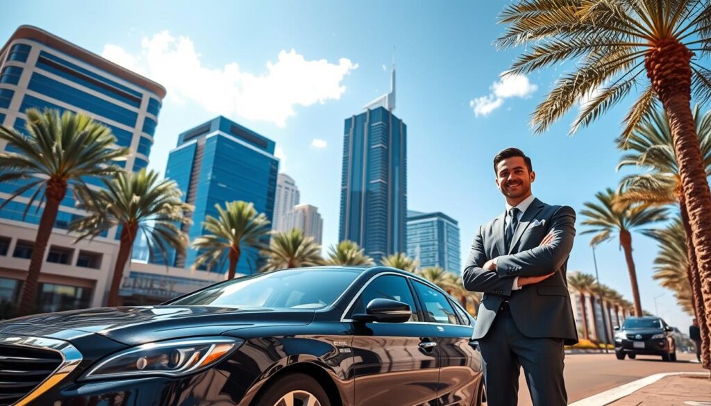 A vibrant urban scene showcasing a professional safe driver service in Business Bay, Dubai. In the foreground, a confidently smiling driver in smart business attire stands next to a sleek, modern sedan, suggesting reliability and professionalism. The middle ground features well-maintained architecture of Business Bay, with glossy skyscrapers reflecting the warm sunlight. In the background, palm trees gently sway, adding a touch of nature. The sky is a clear blue with a few soft clouds, creating an optimistic atmosphere. Natural sunlight floods the scene, enhancing the sense of safety and service. The image should be framed from a slightly elevated angle, emphasizing the spaciousness of the area and the professional demeanor of the driver.