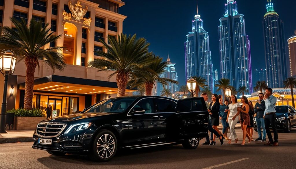 A vibrant urban street scene at night, illustrating an after-party pickup service in Dubai. In the foreground, a sleek black luxury vehicle is parked, illuminated by soft, warm light from nearby street lamps. A diverse group of well-dressed young adults, dressed in smart casual attire, are laughing and chatting as they approach the car, showing their excitement after a night out. The middle ground features an upscale hotel entrance with elegant lighting and palm trees, creating a lively atmosphere. In the background, Dubai's iconic skyline sparkles against the night sky, with tall buildings lit in colorful lights. The image captures a dynamic, festive mood, emphasizing convenience and reliability in after-party transportation, shot from a slightly elevated angle to encompass both the scene and its energetic ambiance.