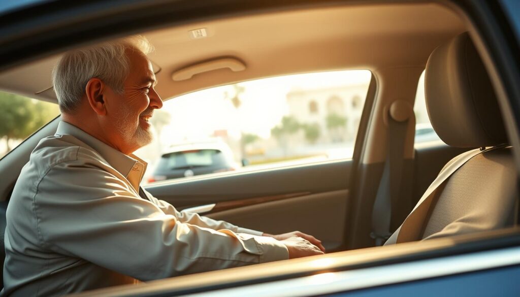 A warm and serene scene depicting the benefits of a Comfort Driver service for senior citizens in the UAE. In the foreground, a middle-aged male Comfort Driver, dressed in professional attire, assists a cheerful elderly woman into a comfortable, spacious car. The driver is smiling, embodying friendliness and reliability. In the middle ground, a well-maintained urban environment reflects a sense of safety and accessibility, with subtle hints of traditional Emirati architecture in the background. Soft, natural lighting filters through, creating a welcoming atmosphere. The angle captures the interaction between driver and passenger, emphasizing trust and care. The mood is uplifting and reassuring, ideal for illustrating the supportive experience of senior citizens utilizing this service.