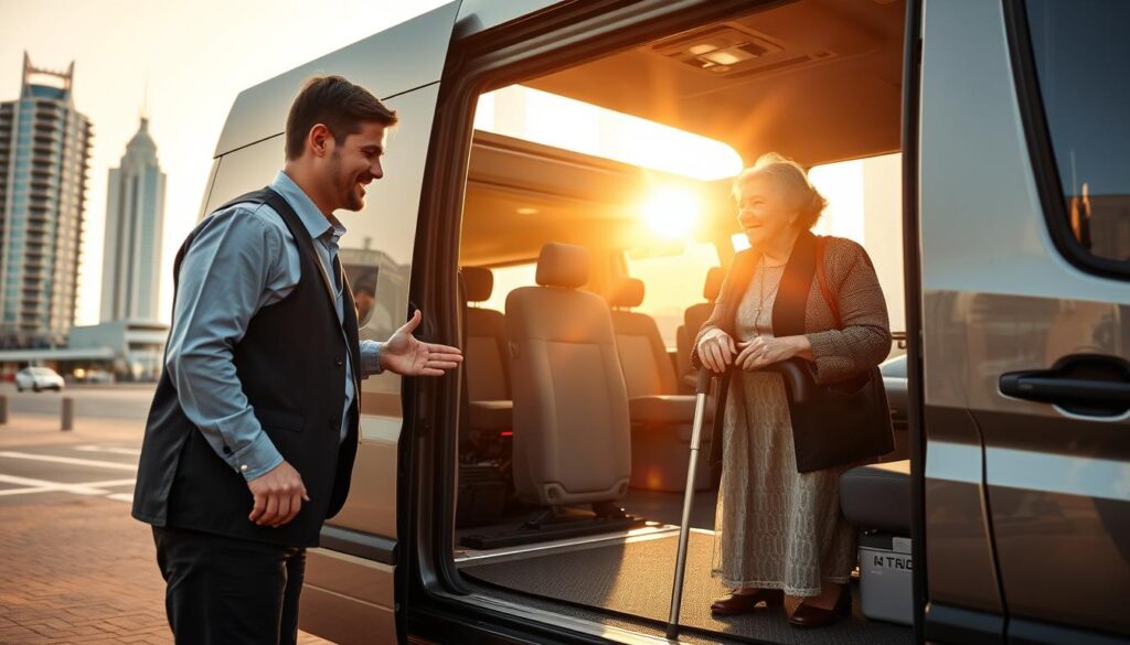 A warm, inviting scene depicting an elderly transportation service in Dubai. In the foreground, a friendly driver, dressed in professional attire, assists an elderly woman with a cane as she enters a comfortable, accessible vehicle. The middle layer showcases the vehicle, a spacious van equipped with ramps for mobility aids, with the interior visible, highlighting safety belts and supportive seating. In the background, iconic Dubai architecture glimmers in the soft afternoon light, creating a modern urban atmosphere. The sun casts a golden hue, enhancing the sense of safety and care. The mood is uplifting and reassuring, portraying the commitment to safe travel for the elderly in a vibrant, cosmopolitan setting.