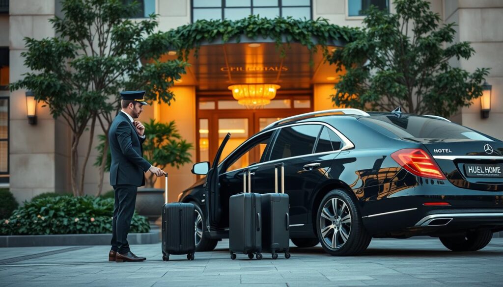 A welcoming hotel pick-up scene at a luxury hotel entrance, showcasing a professional driver in a crisp uniform standing next to a sleek black luxury vehicle. In the foreground, the driver is preparing to assist a traveler with elegant luggage, conveying a sense of reliability and comfort. The middle ground features a beautifully designed hotel entrance, adorned with lush greenery and polished stone. Soft, warm lighting illuminates the scene, suggesting a late afternoon atmosphere that feels inviting and safe. The background includes a hint of the city skyline, capturing the essence of urban elegance. The image should evoke a mood of sophistication and trust, emphasizing the importance of dependable transportation for a seamless travel experience. A welcoming hotel pick-up scene at a luxury hotel entrance, showcasing a professional driver in a crisp uniform standing next to a sleek black luxury vehicle. In the foreground, the driver is preparing to assist a traveler with elegant luggage, conveying a sense of reliability and comfort. The middle ground features a beautifully designed hotel entrance, adorned with lush greenery and polished stone. Soft, warm lighting illuminates the scene, suggesting a late afternoon atmosphere that feels inviting and safe. The background includes a hint of the city skyline, capturing the essence of urban elegance. The image should evoke a mood of sophistication and trust, emphasizing the importance of dependable transportation for a seamless travel experience.