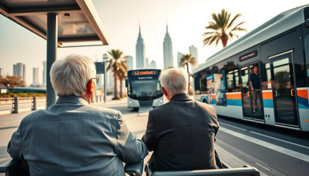 An elderly couple waiting at a well-organized bus stop in Dubai, showcasing a public transport system designed for accessibility. In the foreground, the couple, dressed in professional business attire, is sitting comfortably on a bench, with visible supportive features like armrests and seatbacks tailored for their needs. The middle space features a modern, low-floor bus approaching, equipped with a ramp for easy entry. In the background, the skyline of Dubai is visible, with iconic buildings under a bright, sunny sky and palm trees swaying gently. Soft, natural lighting enhances the scene, creating an atmosphere of safety and community support. The angle captures the couple’s hopeful expressions as they prepare for a safe journey.