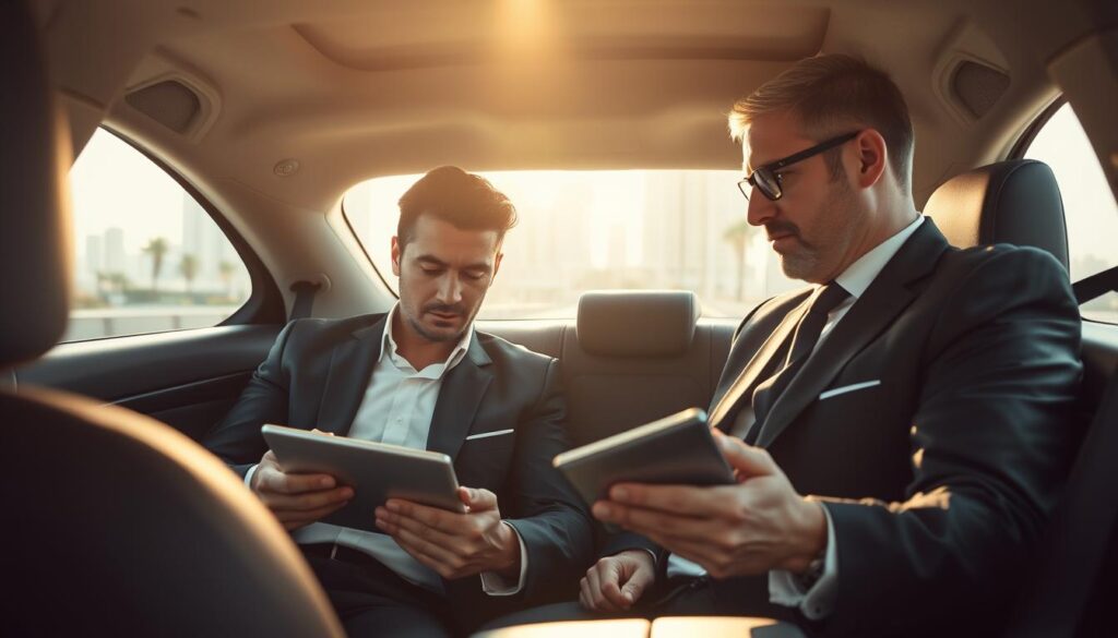 An executive working in a spacious, luxurious backseat of a sleek black sedan, deep in thought while analyzing documents on a tablet. The chauffeur, dressed in a sharp, professional uniform, is focused on the road ahead, showcasing reliability and professionalism. Through the window, a cityscape of Dubai with its iconic skyline, palm trees, and vibrant atmosphere forms the background. Gentle sunlight filters through the tinted windows, creating a warm and inviting ambiance. The scene captures the essence of comfort, efficiency, and exclusivity, emphasizing the benefits of having a personal driver. The image should convey a sense of trust and capability, highlighting the seamless experience of executives on the go.