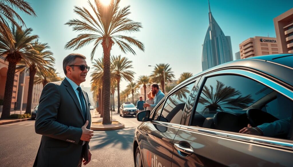 An urban scene in Umm Suqeim, Dubai, showcasing a modern, safe transportation service. In the foreground, a professional driver, dressed in smart business attire, is welcoming a family at the curbside next to a sleek, well-maintained sedan with a noticeable company logo. The middle ground features a vibrant palm tree-lined street, hinting at the bustling atmosphere of the neighborhood. In the background, iconic Dubai architecture silhouettes against a bright blue sky. The sunlight creates a warm and inviting ambiance, with reflections glinting off the car windows. The composition emphasizes reliability and safety, with a focus on the friendly interaction between the driver and passengers. The angle captures a slight upward perspective, enhancing the sense of security and trust in the transportation service.
