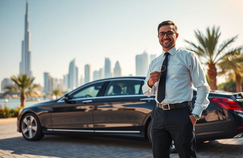 A professional personal driver standing beside a luxurious black sedan in a modern Dubai setting. The driver, a middle-aged South Asian man dressed in a crisp white dress shirt, black trousers, and a stylish tie, is smiling and holding car keys. In the background, iconic Dubai skyscrapers like the Burj Khalifa and the Dubai Marina skyline are visible under a clear blue sky, showcasing a sunny day. Soft sunlight casts gentle shadows, creating a warm atmosphere. The foreground includes a neatly paved driveway with palm trees lining the sides, enhancing the sophisticated ambiance. Capture the scene with a slight depth of field effect to emphasize the driver and vehicle while maintaining a vibrant city backdrop.